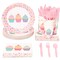 144 Pieces Cupcake Party Supplies, Paper Plates, Napkins, Cups and Plastic Cutlery (Serves 24)